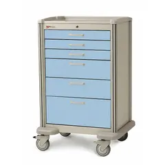 This METRO medical supply cart features a polymer cabinet in taupe with light blue polymer drawers. It is equipped with two swivel casters and two swivel casters with brakes for mobility and stability. Suitable for organizing and transporting medical supplies, instruments, and medications in healthcare settings.