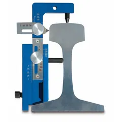Handheld track gauge made of aluminum, weighing 2 lb. Used by railway maintenance crews to measure railhead wear, checking profile and side wear to help maintain track geometry.