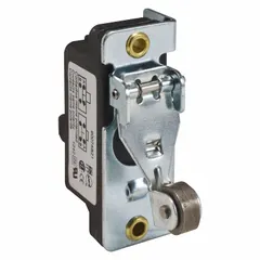 This roller-lever snap-action switch features a 1NO/1NC contact configuration and screw electrical connection. Rated for 6 A at 480 V AC, it is used for position sensing and limit control in industrial machinery, conveyors, and automation systems.