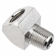 This nickel-plated threaded high-pressure pipe fitting is a 45° elbow with 1/8 in x 1/8 in size, Class 1000 rating, and maximum operating pressure of 1,000 psi. It is used in piping systems to change flow direction in applications requiring high-pressure ratings, such as hydraulic or pneumatic lines.