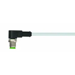 Single-ended cordset with a gray PVC jacket for flexing applications. Features a 5-pin M12 male right-angle connector on one end and bare wire on the other. Cable length is 3 m, wire size 22 AWG, rated IP67 with a maximum current of 4 A. Used to connect sensors, actuators, or industrial devices to control systems in automation, packaging, and material-handling equipment where space is limited and cable movement occurs.