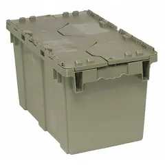 This 12.3-gallon plastic tote features a gray body and an attached two-piece lid for secure closure. It is designed for organizing and storing parts, tools, or materials in industrial environments such as warehouses and distribution centers. The lid helps keep contents dust-free during storage and transport.