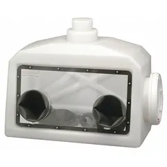 LDPE glove box with two ports and included gloves. Overall height 22 in, length 27 in. Used for sample preparation, chemical handling, and material transfer requiring isolation from ambient air.