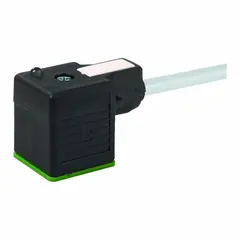 This single-ended cordset features a DIN Form A female right-angle connector to bare wire, with a 10-meter PUR cable in gray. It has 3 pins, 18 AWG wire size, and an IP67 rating. Used for connecting solenoid valves, sensors, and actuators in industrial automation and process control systems.