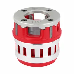 This die head is designed for use with handheld pipe threaders to cut NPT threads on 1 1/4 in pipe. Constructed from alloy steel with right-hand orientation, it is suitable for threading operations in plumbing, irrigation, and industrial piping systems.
