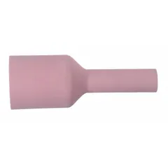 This large-diameter gas lens nozzle is constructed from alumina and features a No. 6 size with an X-Long design. It is used in TIG welding to improve shielding gas coverage and provide extended reach for precise welding applications.