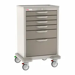 Steel cart with taupe cabinet and dark tan drawers, configured with two swivel and two swivel-with-brake casters. Used in healthcare settings to organize and transport medical supplies, instruments, and medications.