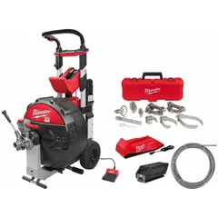 Cordless drum machine powered by MX FUEL battery system, designed for clearing blockages in 3 in to 6 in pipes. Kit includes head kit and cable. Suitable for drain cleaning in commercial and residential applications without requiring a cord or gas engine.