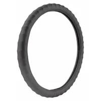 Black PVC steering wheel cover for 15 1/2 in diameter wheels. Measures 15 in width. Provides a non-slip surface and protects against wear in vehicle applications