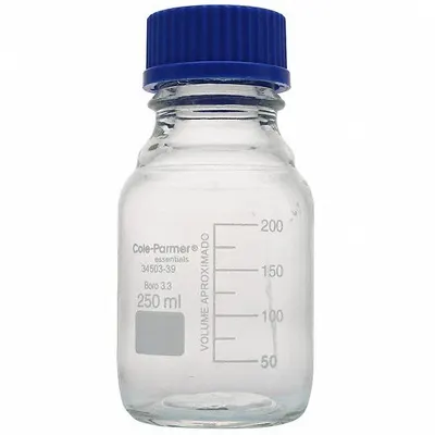 COLE-PARMER Media Bottle: 250 mL, Cap, 45 mm, 13.7 cm, Colorless, Closure Included - Glass Lab Media Bottles