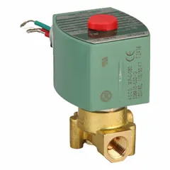 This REDHAT solenoid valve is a 2-way, 2-position normally closed type with high flow capacity. It has a 1/4 in pipe size and operates on 110V AC (120/60, 110/50). Suitable for on/off control of fluid flow in industrial systems such as process automation and water treatment.
