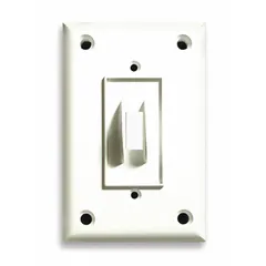 This 1-gang jumbo wall plate is designed for toggle switches. Made from polycarbonate/nylon in a white finish, it provides a clean appearance and covers oversized or damaged switch openings. Suitable for general-purpose electrical installations.