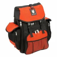 Orange polyester tool backpack with four inside pockets for organization. Water-resistant construction suitable for carrying tools in maintenance, installation, and field service applications