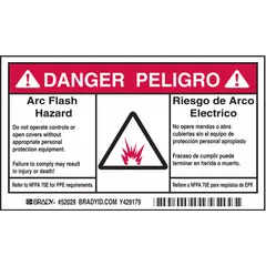 Adhesive-mounted polyester sign warning of arc flash hazards. Nominal size 3 1/2 in x 6 in, 0.01 in thick. Non-retroreflective, non-glow-in-the-dark. Pack of 100. Suitable for marking electrical equipment requiring personal protective equipment before operation or cover removal.