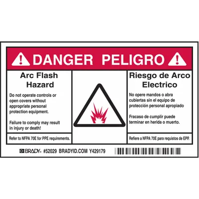 BRADY Danger/Peligro: Arc Flash Hazard Do Not Operate Controls - Danger/Peligro: Arc Flash Hazard Do Not Operate Controls Or Open Covers Without Appropriate Personal Protection Equipment Signs