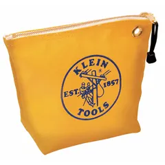 Yellow canvas flat zippered tool bag with a single main compartment and no inside pockets. Measures 10 inches wide, 3.5 inches deep, and 8 inches high. Suitable for carrying hand tools, fasteners, and small parts on job sites.