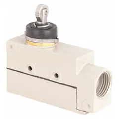 Top-mount limit switch with metallic roller plunger and momentary action. Features screw terminals and stainless steel construction. Used for position sensing in industrial automation, such as detecting object presence on conveyors or in packaging machinery.