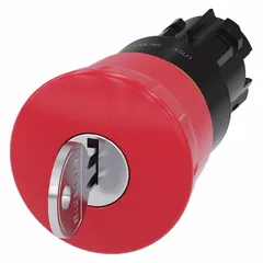 Red mushroom-head push-button operator from the Siemens 3SU series. Non-metallic construction with maintained action. 22 mm mounting size. Used in industrial control panels for applications such as emergency-stop circuits and machine control stations.