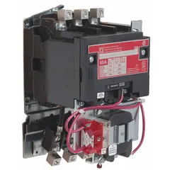 Mechanically held lighting contactor with 3 poles rated at 60 A and a 120V AC coil. Designed for remote switching of lighting circuits in commercial and industrial buildings, controlling large banks of lights or other non-motor loads. Maintains position without continuous coil power.
