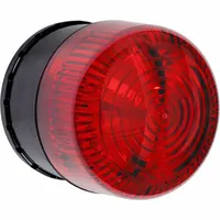Wall-mountable siren alarm with integrated LED strobe light. Operates on 9 to 24V DC and offers 32 selectable sounds. Overall length 3 23/32 inches. Suitable for industrial signaling applications such as evacuation alerts, equipment status warnings, or process alarms