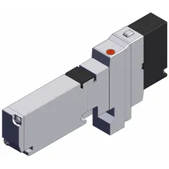 Single-solenoid, five-way/two-position pneumatic valve with 24V DC coil, plug-in connectivity, and 6.17 scfm maximum flow rate. Used to direct compressed air in industrial automation circuits for actuating cylinders or other pneumatic devices.