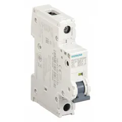 Siemens 5SJ4 series miniature circuit breaker, B-Curve, 1-pole, rated 30 A. UL489 listed for DIN rail mounting. Provides overcurrent protection for branch circuits in control panels, lighting, and HVAC applications. AC rating 240 V, 14 kA interrupting capacity; DC rating 60 V. Screw clamp terminals.