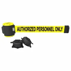 Wall-mount retractable belt barrier with a 15 ft yellow belt printed with black restricted access messaging. Black frame. Designed for installation using anchors and screws. Used to cordon off areas and manage pedestrian flow in industrial and public settings.