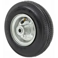 This pneumatic wheel has an 8-1/2 in diameter and 2 in width, with a rubber tread and 250 lb load capacity. It is suited for industrial carts, dollies, and light-duty trailers, providing shock absorption and smooth rolling over uneven surfaces in warehouses and workshops