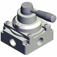 Lever-actuated, side-ported manual air control valve with 1/2 in BSPT ports. Three-position, closed-center design allows operator to start, stop, or redirect pneumatic flow and lock out air supply in center position. Maximum operating pressure 1 MPa. Suitable for industrial pneumatic systems requiring manual flow control.