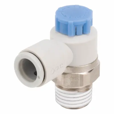 SMC Speed Control Valve: Elbow Fitting, Screw, 1/4 in/1/8 in Valve Body Size - Elbow-Style Speed Control Valves