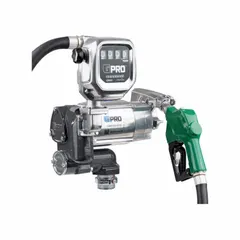 This metered bung-mount fuel transfer pump is powered by a 1 hp motor operating at 120/240 V AC. It delivers up to 35 gpm and includes an automatic nozzle, a 1" x 18' discharge hose, and a gallon-reading meter. The housing is constructed of aluminum and cast iron, suitable for transferring fuels from drums or tanks in industrial, agricultural, and fleet maintenance settings.