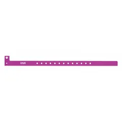 Plastic security wristband in purple, measuring 12-7/8 inches long by 1-1/8 inches wide. Supplied in a pack of 500. Suitable for identification and access control in healthcare, events, and other settings requiring clear visual status indication.