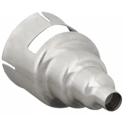 This heat gun nozzle attachment reduces the output to a narrow stream for focused heating tasks. With an overall width of 3/8 in, it is suited for applications such as shrinking tubing, spot-heating plastics, or soldering joints where controlled heat targeting is required.