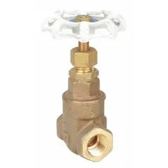 This bronze gate valve features a non-rising stem design with a wheel handle and solid wedge. It has FNPT x FNPT connections and a 300 psi CWP rating. The valve is suited for potable water systems requiring full flow and shut-off control.