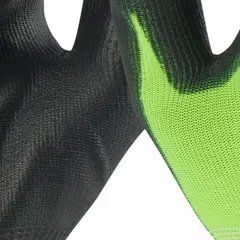 These knit gloves feature a smooth polyurethane palm coating for grip and ANSI Abrasion Level 3 protection. The palm coating is touchscreen compatible, allowing device use without removal. Latex-free construction. Suitable for general handling, assembly, and light fabrication tasks.