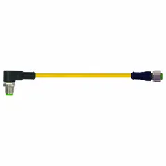Double-ended cordset with M12 male right-angle and M12 female right-angle connectors, 4 pins, 3 m cable length, yellow TPE jacket, and IP67 rating. Wire size 18 AWG/19 AWG. Suitable for heaviest-duty industrial applications requiring reliable signal or power transmission in harsh environments.