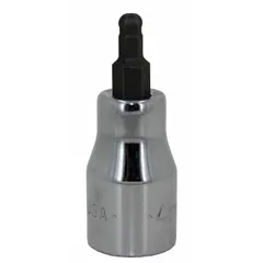 This ball-end hex bit socket features a 3/8 in drive and a 5/32 in SAE tip size. The ball-end tip allows off-angle engagement up to 25 degrees for accessing fasteners in confined spaces. A replaceable insert extends tool life. Commonly used in automotive repair, machinery maintenance, and assembly work.