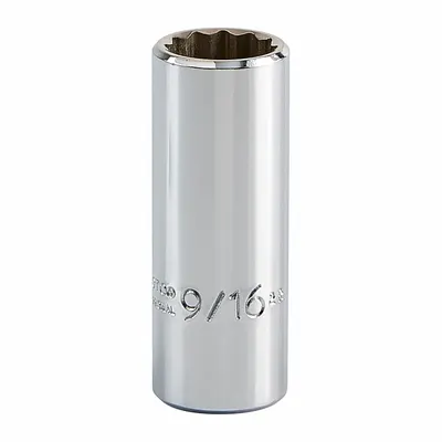 PROTO Socket: SAE, 3/8 in Drive Size, 9/16 in Socket Size, 12-Point, Deep, Chrome - 3/8" Drive Hand Sockets