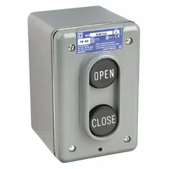 This push-button control station features two flush push buttons with black operators and an Open/Close legend. It provides 2 normally open (2NO) contacts and is rated for oil- and dust-tight environments. Suitable for industrial machine control applications requiring start/stop or open/close functions.