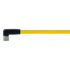 Single-ended cordset with a yellow PUR jacket designed for twisting applications. Features an M8 female right-angle connector on one end and bare wire on the other. Includes 3 pins, 24 AWG wire size, 15 m cable length, and IP65 rating. Suitable for sensor/actuator connections in industrial automation where flexibility and durability are required.