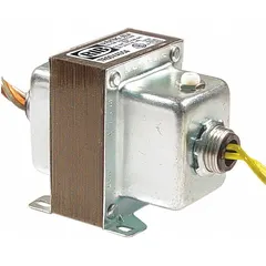 Open-style Class 2 transformer with 50 VA rating, 120V AC input, and 24V AC output. Features foot mounting, wire lead connections on primary and secondary sides, and an integrated circuit breaker for overcurrent protection. Suitable for powering HVAC controls, relays, and building automation systems in control panels.