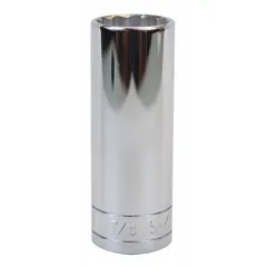 This 1/2" drive hand socket features a 7/8" SAE size, 12-point configuration, and deep profile for accessing recessed fasteners. Constructed from chrome, it is suitable for turning hex nuts and bolts in automotive and mechanical applications.