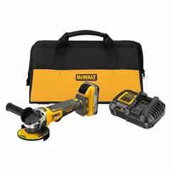 Cordless angle grinder with a 4-1/2 in wheel diameter, powered by a 20V DC 5.0 Ah battery. Features a brushless motor, standard head, and barrel grip for control. Includes Anti-Restart Technology for safety. Suitable for cutting, grinding, and surface preparation on metal and masonry in industrial maintenance, fabrication, and construction tasks.