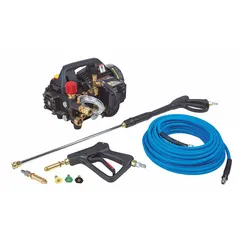 This cold water pressure washer operates on 120 V single-phase power, delivering 1,400 psi at 1.5 gpm with a 1 1/2 hp motor. It features a direct pump drive and is designed for cold water intake only. Suitable for light-duty cleaning tasks such as washing vehicles, equipment, and outdoor surfaces.