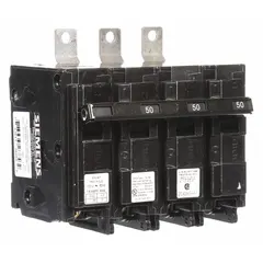 Three-pole bolt-on miniature circuit breaker rated 50 A at 120/240V AC, three-phase, with shunt trip for remote tripping. Part of the BL series, it provides overcurrent protection in Siemens P1 panelboards and is suitable for branch circuit protection in commercial and industrial electrical distribution systems.