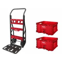 This rolling tool box set includes two crates for organized storage and transport of tools and accessories. Made of plastic in red, it measures 18-3/4 inches wide, 9-7/8 inches high, and 15-3/8 inches deep. Suitable for job sites, warehouses, and workshops.