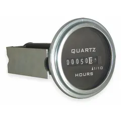 Analog hour meter with round bezel for front panel mounting. Operates on 10 V DC to 80 V DC supply. Displays elapsed time in tenth-hour increments. UL listed with NEMA 12 enclosure rating for indoor use in dust and light moisture environments.