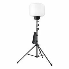 This cordless tripod balloon light operates on 48V DC and includes a battery pack for portable use. It extends to a maximum height of 6.5 ft and has an IP44 rating for dust and splash protection. Typical applications include temporary area lighting at construction sites, outdoor events, emergency response scenes, and maintenance work.