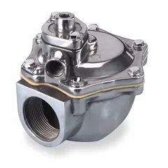 This 2-way/2-position normally closed solenoid valve has a 1-1/2 in nominal pipe size and an aluminum body. It is designed for dust collector applications, typically used in pulse-jet cleaning systems to control air or gas flow for filter bag cleaning.