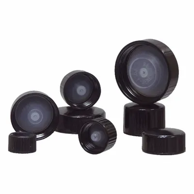 QORPAK Lab Bottle Caps: 15 mm Dia, Black, Phenolic, Polyethylene, 15-425 mm Screw Closure Size - Screw On Caps